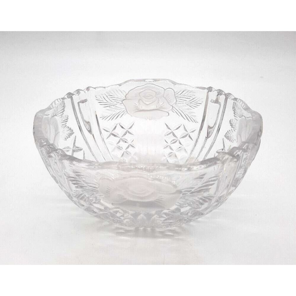 Vintage Anna Hutte Germany Clear Crystal Glass Bowl Etched Frosted Roses